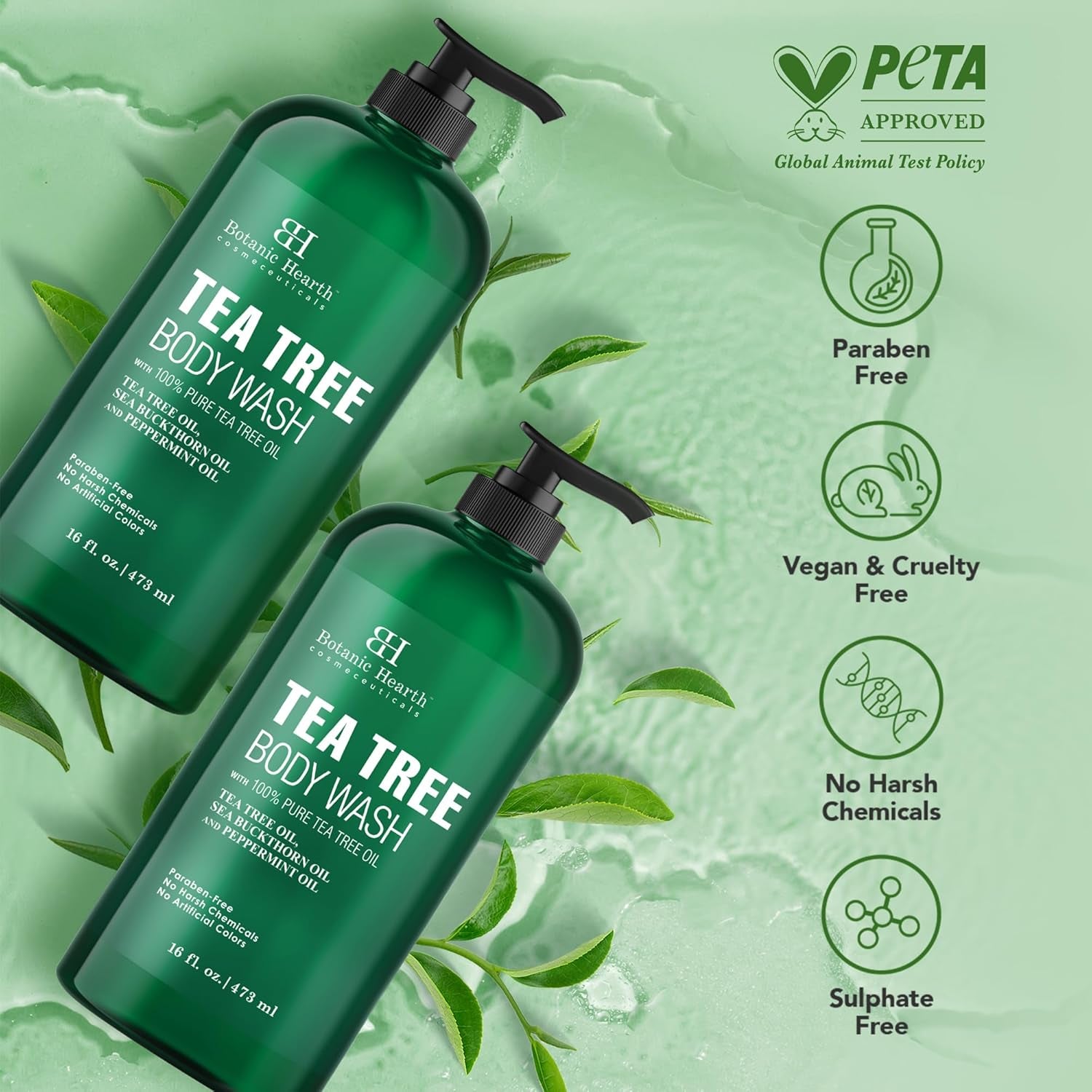 Tea Tree Body Wash | 16 Fl Oz | Helps Soothe Itchy, Dry Skin, Antifungal Body Wash with 100% Pure Tea Tree Oil | Sulfate Free, Paraben Free, for Men and Women Set of 2